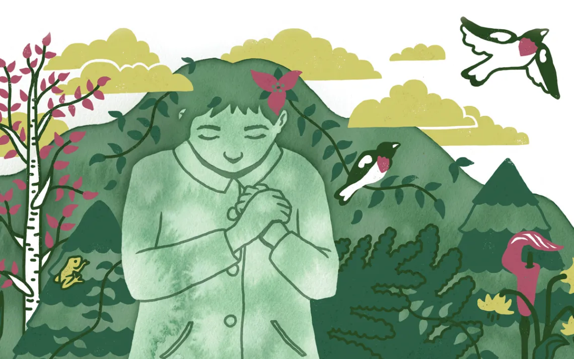 Illustration shows a woman in a coat with her hands over her heart. Her head blends into the mountain and forest behind her.