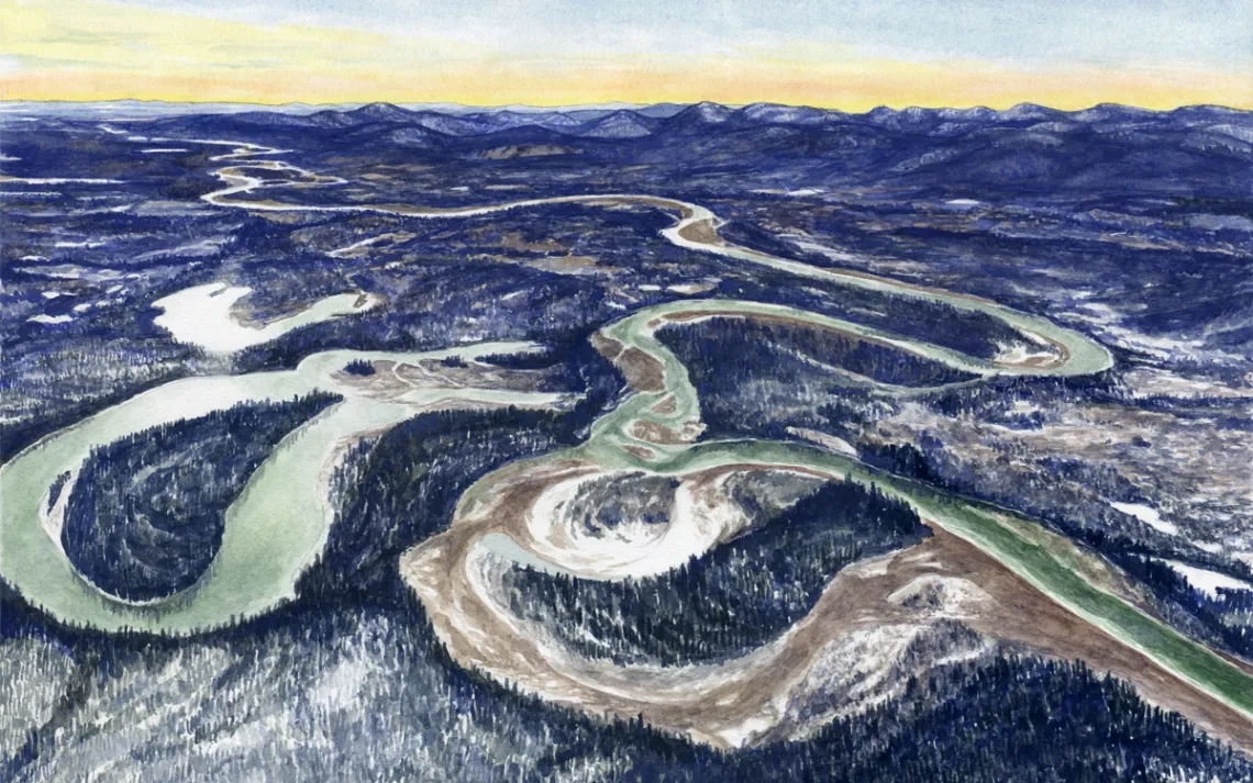 Illustration shows an aerial view of a meandering river through dark forest.