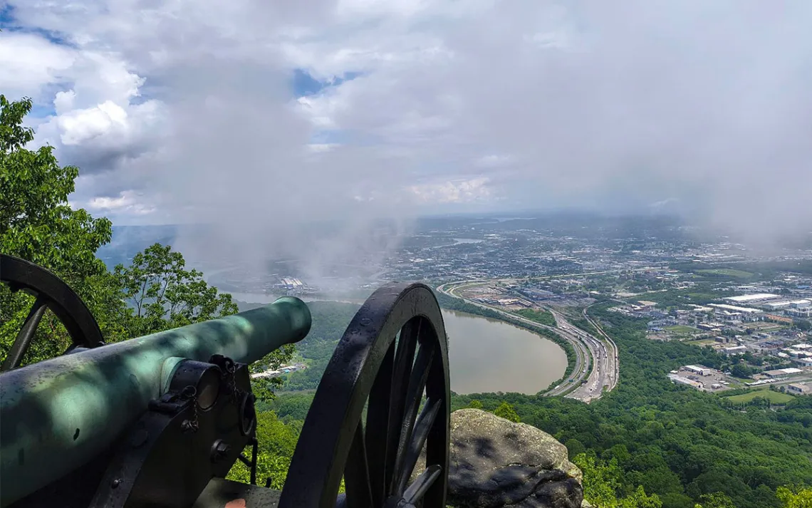 A Confederate cannon located in Point Park on the grounds of Lookout Mountain Battlefield overlooking Chattanooga and the Tennessee River.
