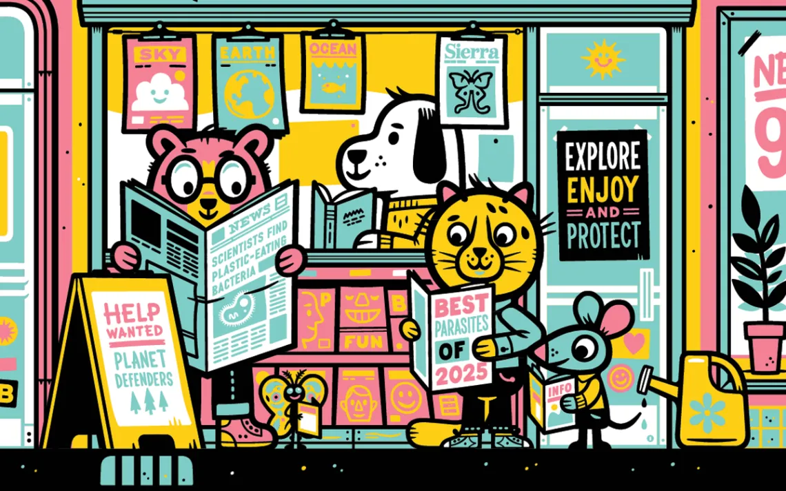 Illustration shows the front of a bookstore or newsstand and several animal characters reading. One newspaper says, "Scientists Find Plastic-Eating Bacteria" and another says, "Best Parasites of 2025." A sign out front says, "Help Wanted Planet Protectors."