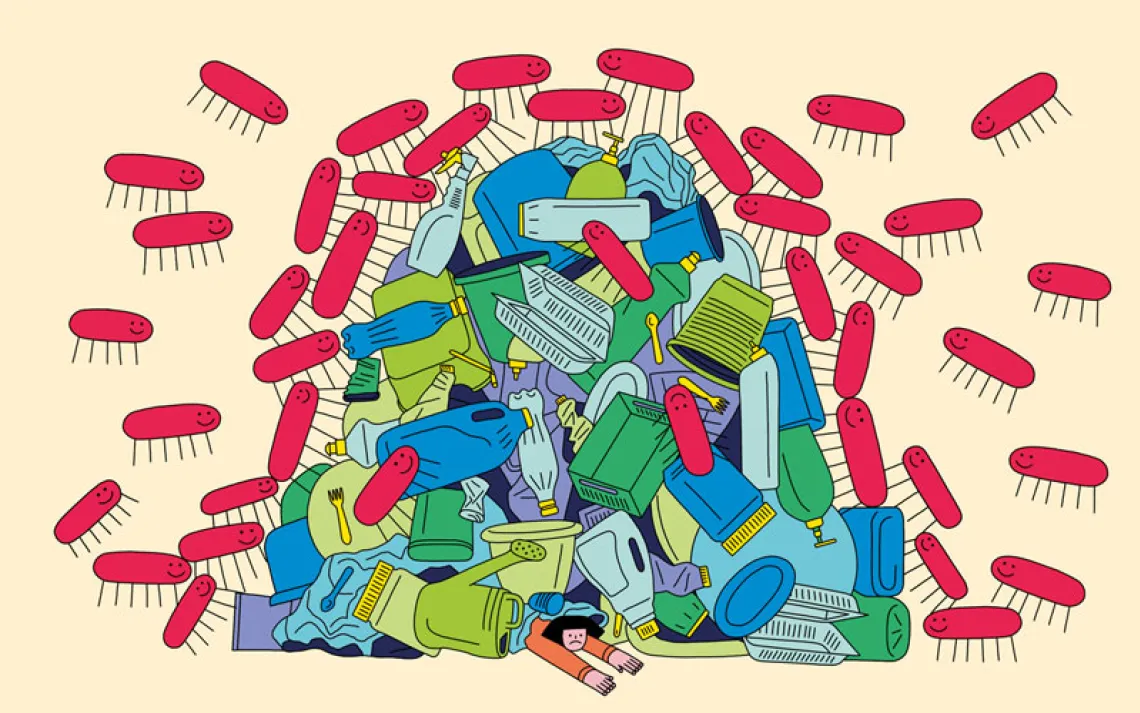 Illustration shows a giant pile of colorful plastic water bottles and other items covered with smiling red critters. A woman is stuck under the pile with her arms reaching out.