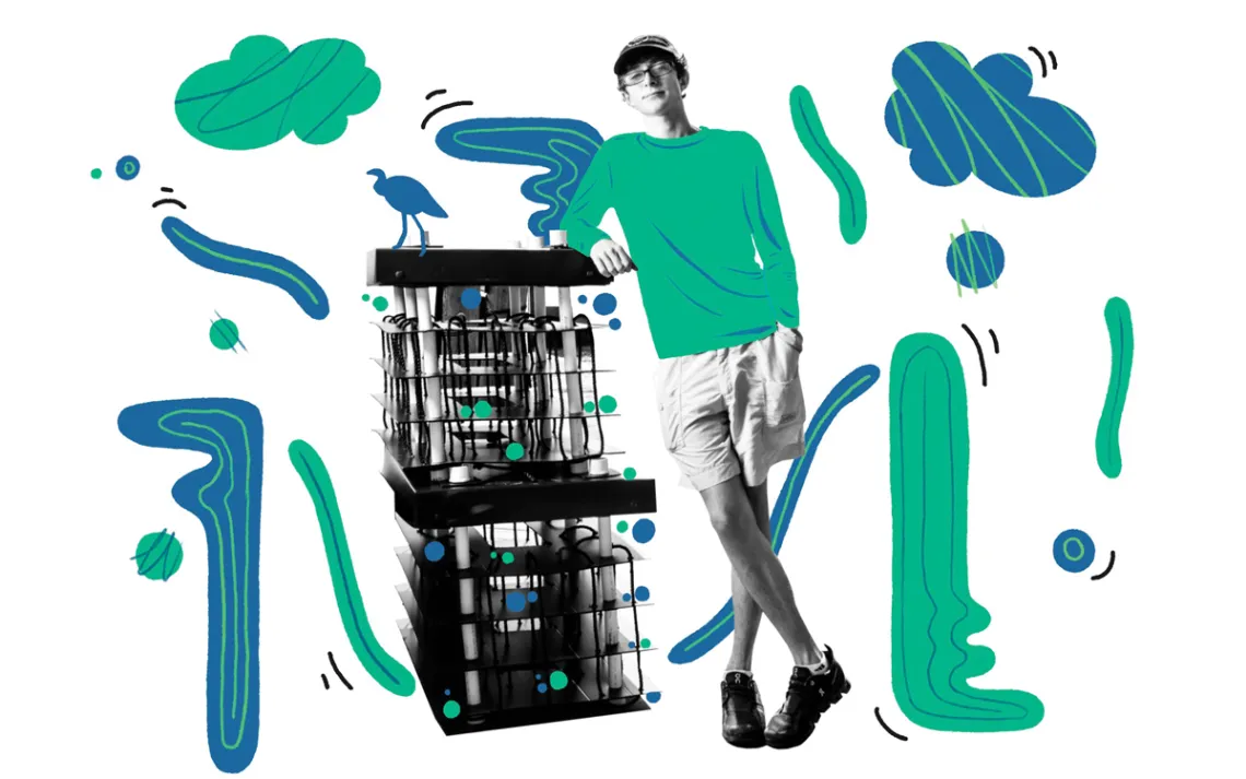 Photo illustration shows John Shell leaning on an artificial reef.