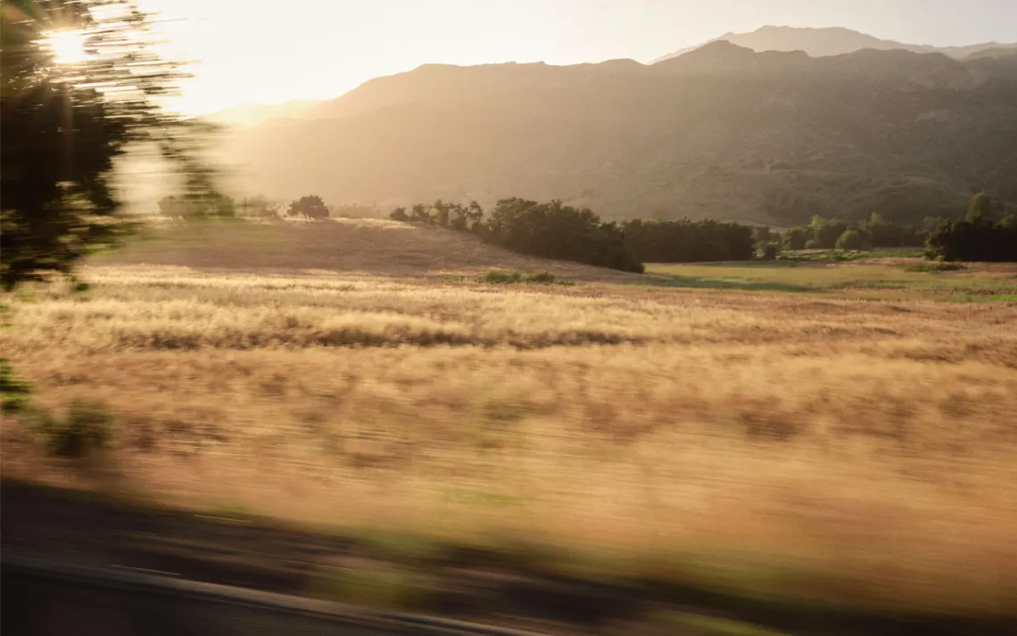 Blurry photo taken from a car shows a field of dried grass with forested mountains in the background.