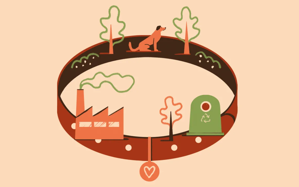  Illustration shows a large round collar with a small dog, trees, a building, and a recycling bin around it.