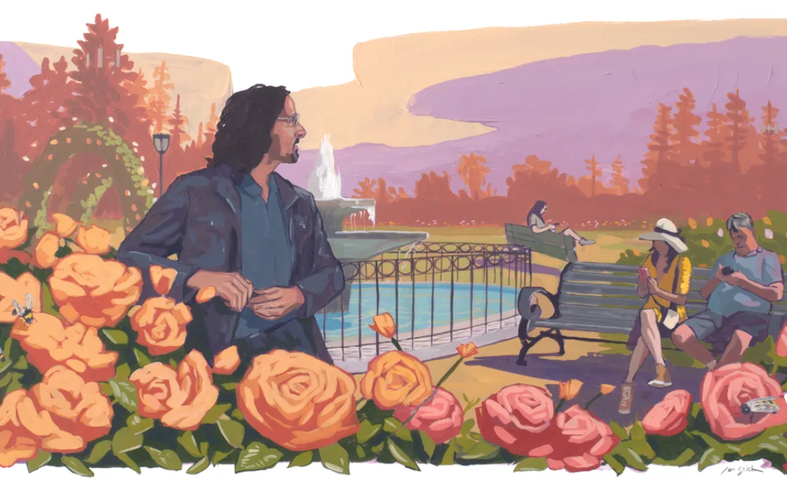  Illustration shows the profile of a man with a rosebush in the foreground, looking out at people sitting on benches next to a fountain.