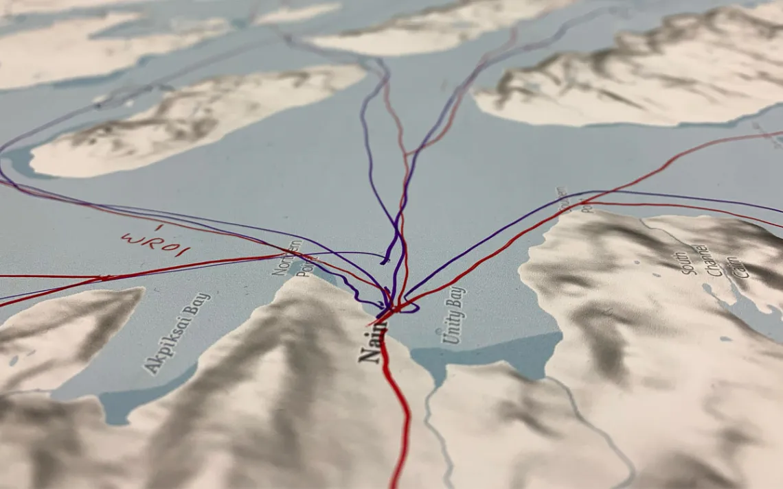 A map of travel routes over the ice near Nain, the capital of Nunatsuiviat. Photo by Breanna Bishop.