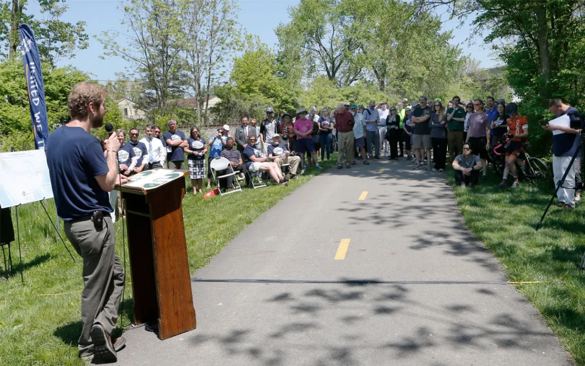 Eric Oberg, director of trail development for Rails-to-Trails Conservancy, addresses the crowd during a celebration announcing the preferred route of the Great American Rail-Trail Wednesday, May 8, 2019 in Columbus, Ohio. 