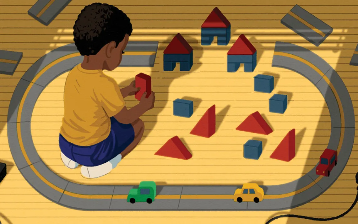  Illustration shows the back of a child sitting in the middle of a toy car track playing with blocks. He's replaced the top section of the track ring with houses.