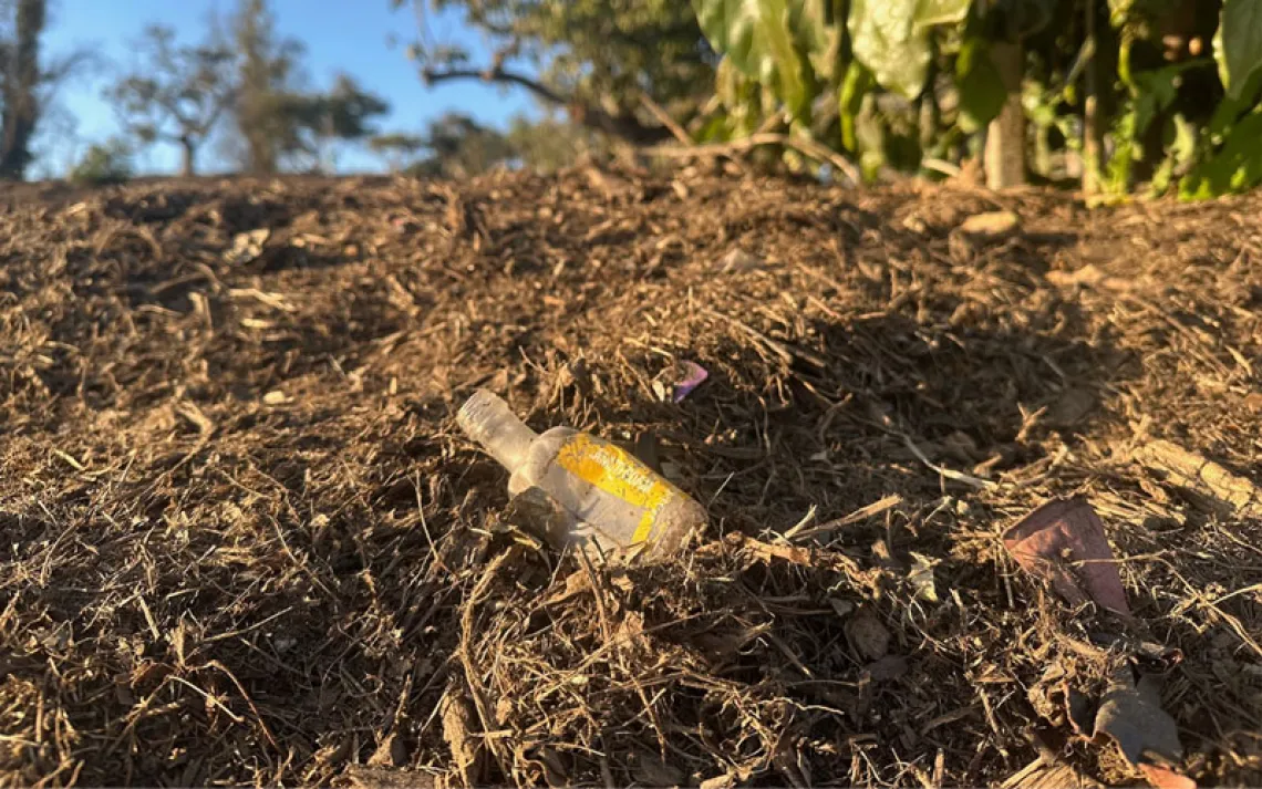 Plastic debris—including children’s toys, bags, and food wrappers—scattered throughout commercial mulch applied to farmland slated for organic agriculture.