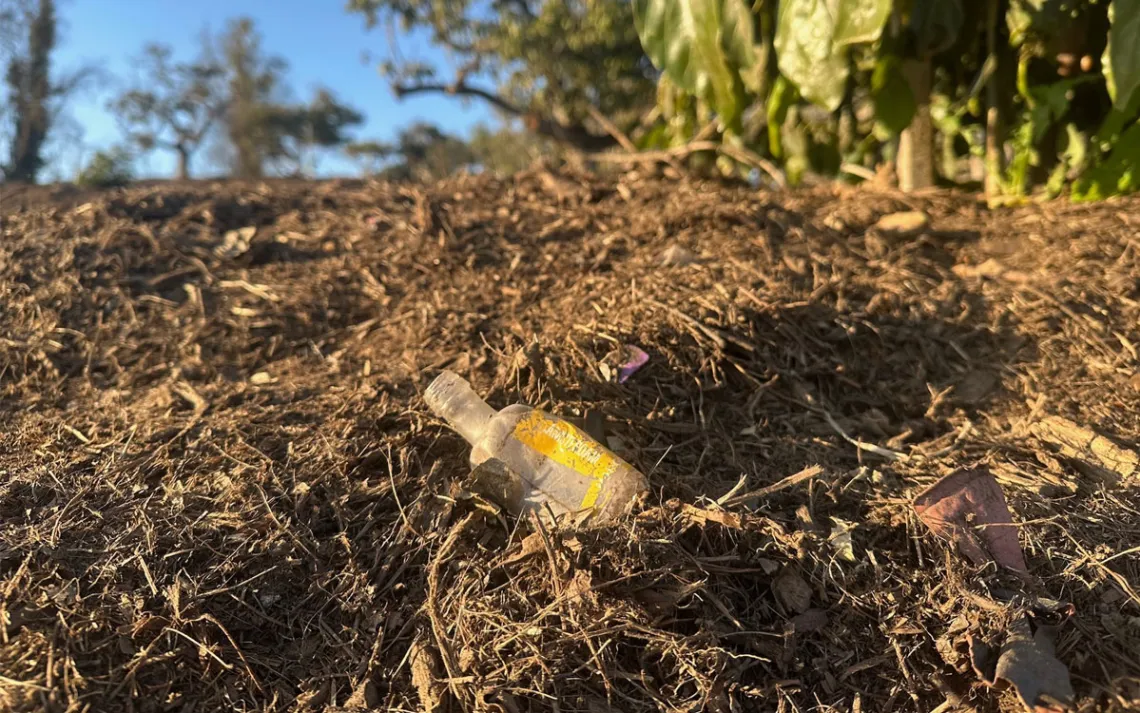 Plastic debris—including children’s toys, bags, and food wrappers—scattered throughout commercial mulch applied to farmland slated for organic agriculture. 