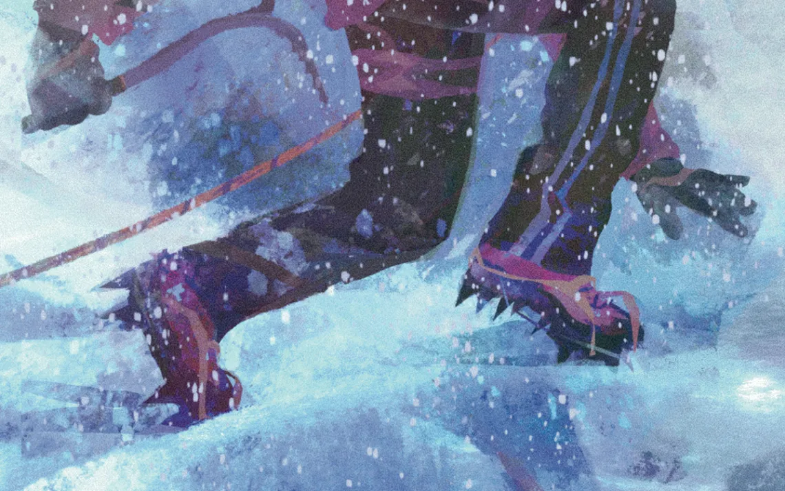 Illustration shows the legs of a woman wearing crampons trudging up a snowy hill.