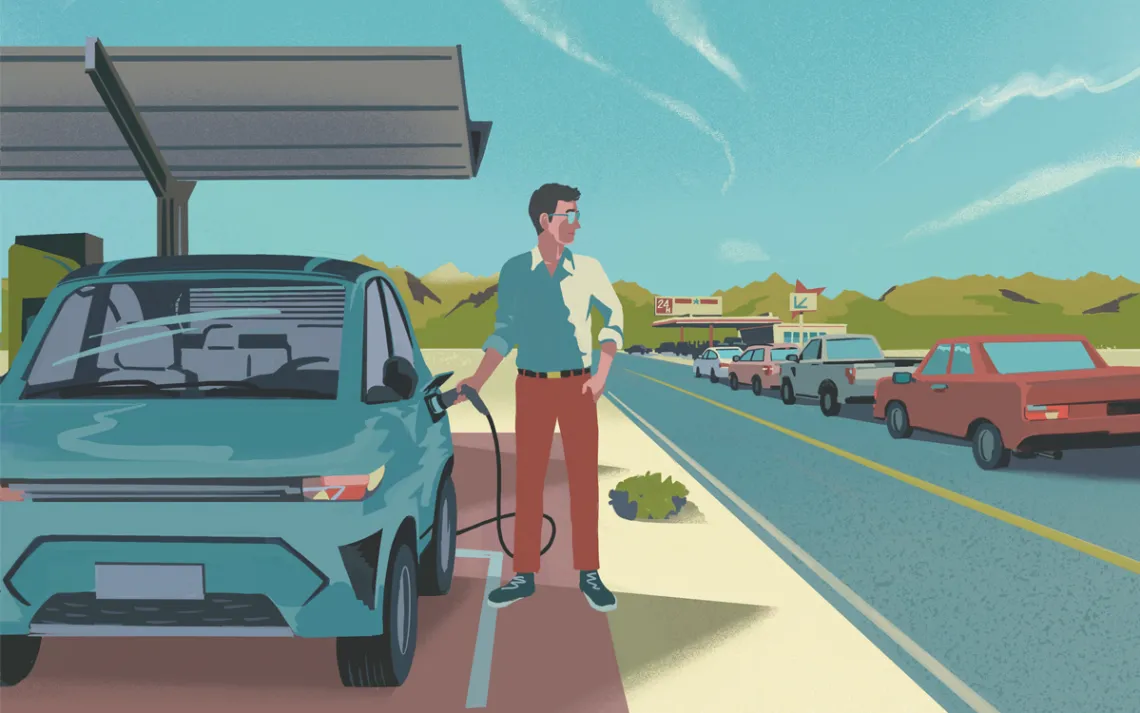  Illustration shows a man charging his blue electric vehicle and looking at the road next to him, filled with cars waiting in line for a traditional gas station.