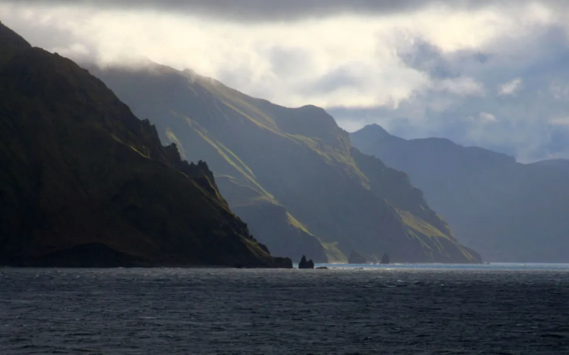 Coast of Unalaska Island just before sunset, Aleutian Islands, Alaska, United States