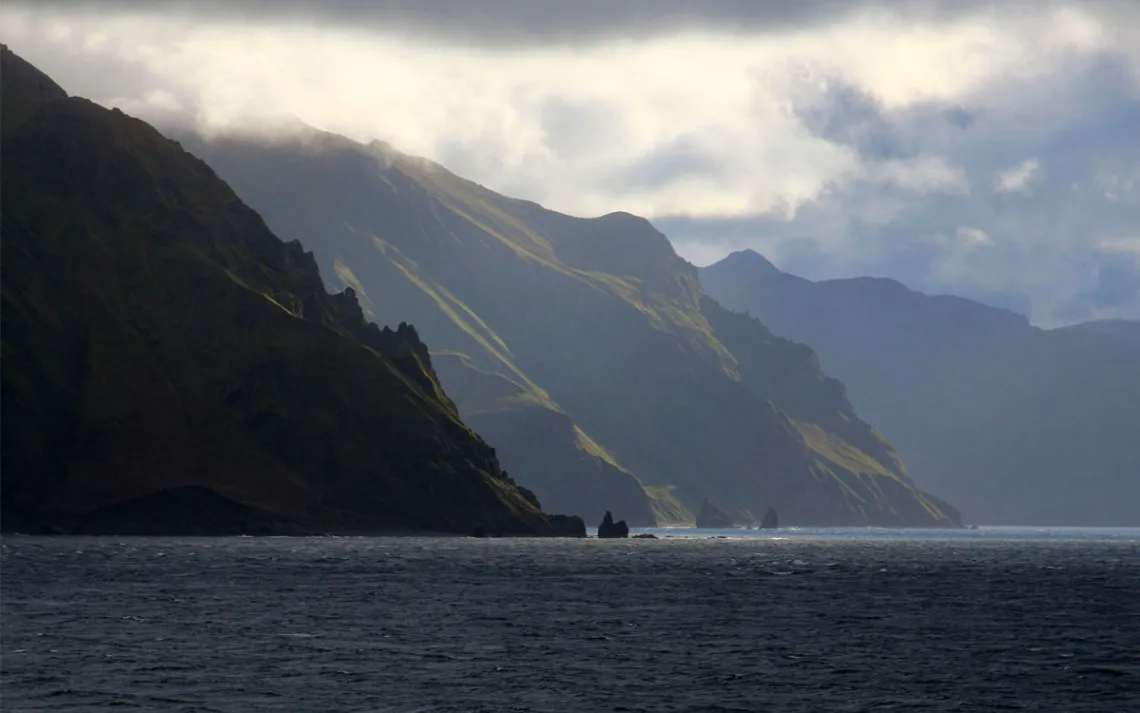 Coast of Unalaska Island just before sunset, Aleutian Islands, Alaska, United States