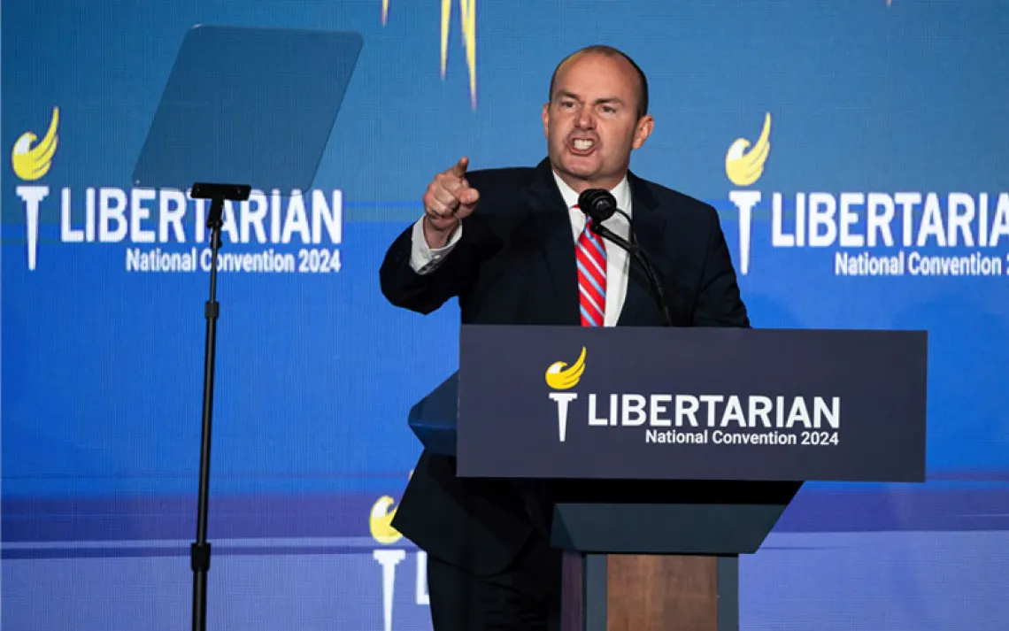 Sen. Mike Lee (R-Utah) delivers remarks during the Libertarian National Convention at the Washington Hilton in Washington, D.C., May 25, 2024.