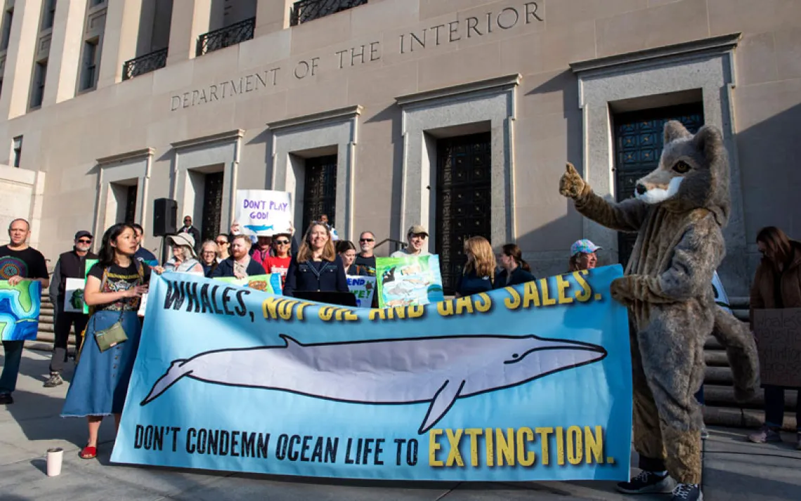 Conservation groups rally to oppose the Trump administration's convening of the Endangered Species Committee, at the Interior Department in Washington.