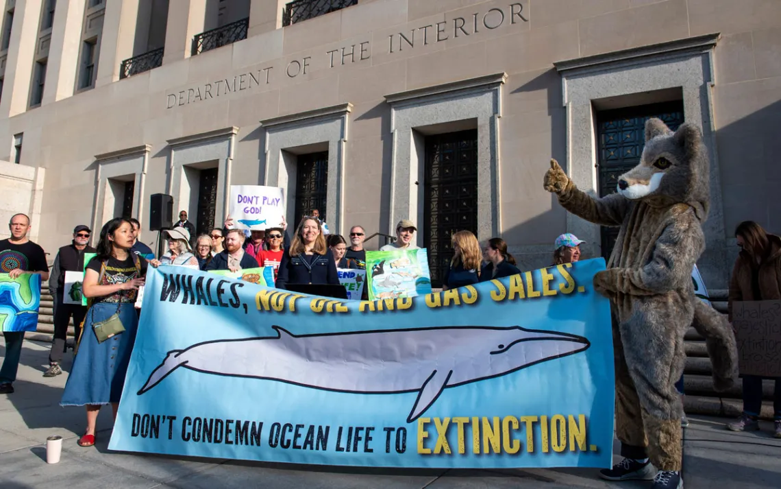 Conservation groups rally to oppose the Trump administration's convening of the Endangered Species Committee, at the Interior Department in Washington.