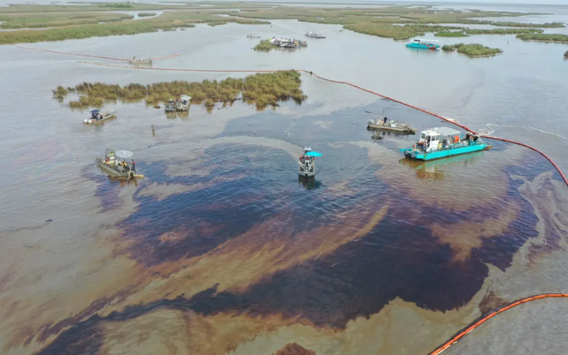 An aerial view shows the affected area of marsh environment near Garden Island Bay, La., on May 1, 2025. (U.S. Coast Guard via AP)