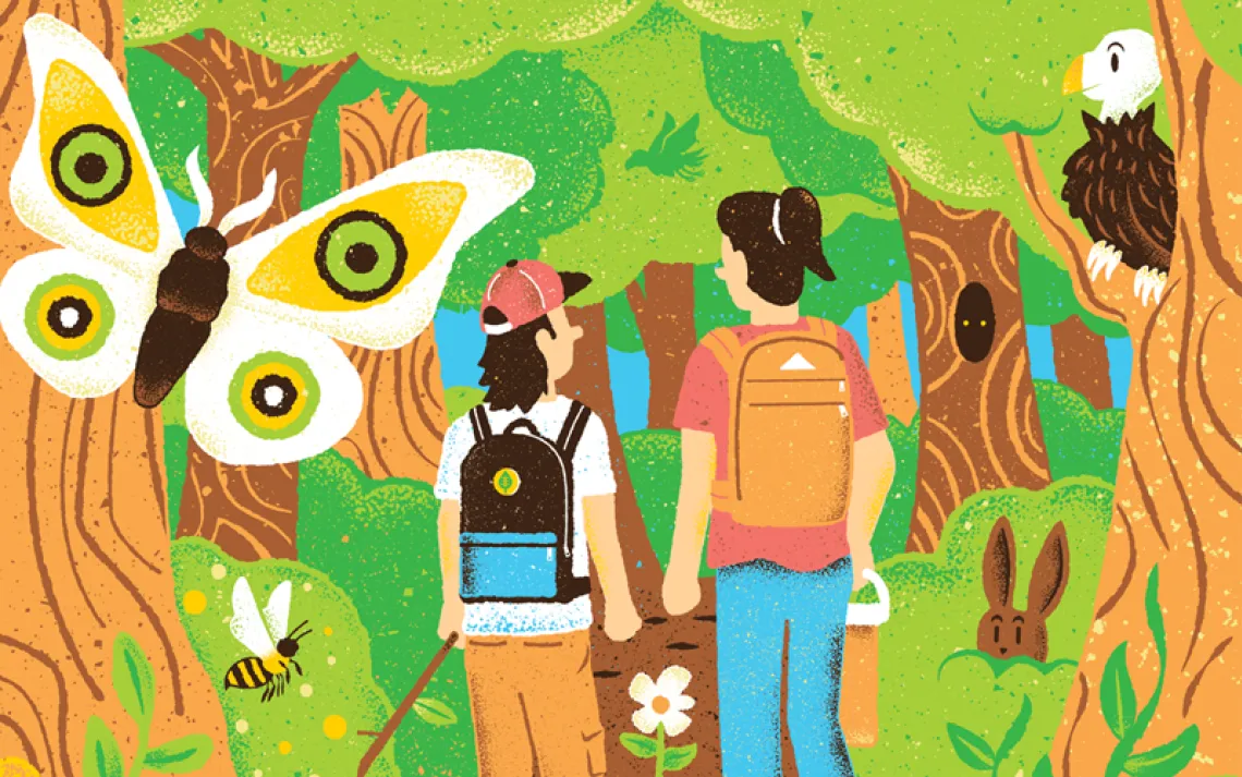 Illustration shows the backs of a mother and her middle-school-age son walking in the woods amid animals and trees.