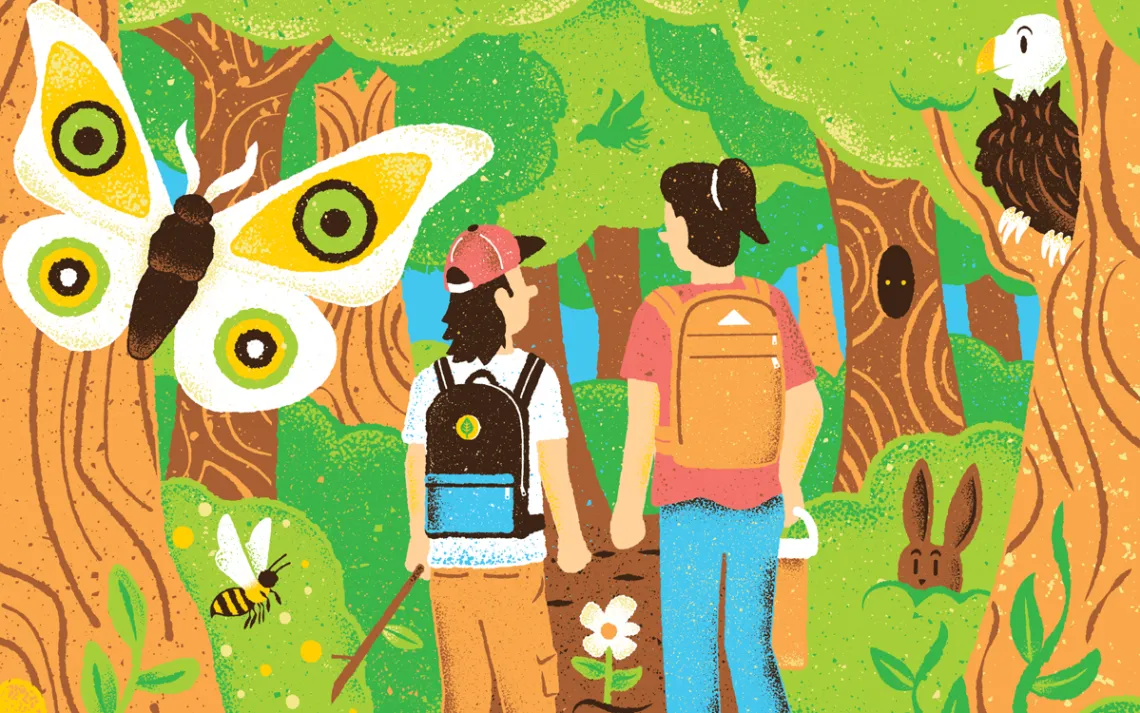 llustration shows the backs of a mother and her middle-school-age son walking in the woods amid animals and trees.