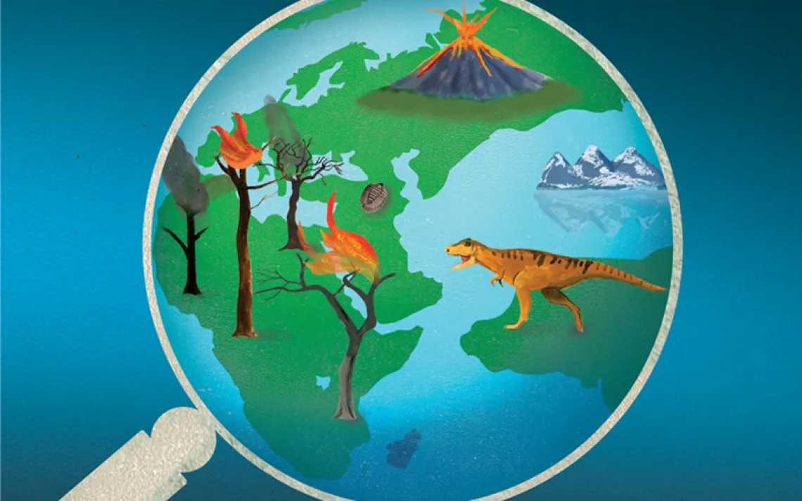 Illustration shows a scene through a magnifying glass of a dinosaur, glacier, volcano, and trees on fire
