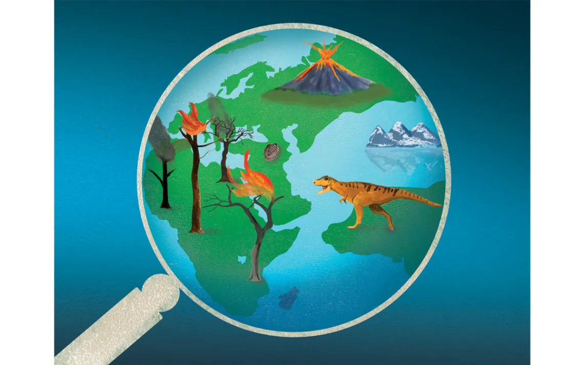  Illustration shows a scene through a magnifying glass of a dinosaur, glacier, volcano, and trees on fire