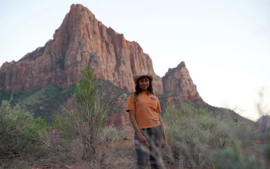 Rae Wynn Grant stands in between shooting scene for Mutual of Omaha's Wild Kingdom.