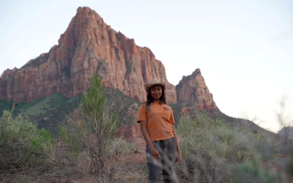 Rae Wynn Grant stands in between shooting scene for Mutual of Omaha's Wild Kingdom.