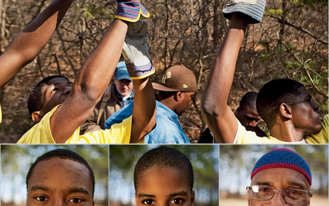 Clockwise, from top left: Derek Joseph (left), Jaimz Edwards (in brown hat), and Adham Stewart hoist a fallen pine; Burgess; Burgess's son Naim; and college student RaShawn Hoke.