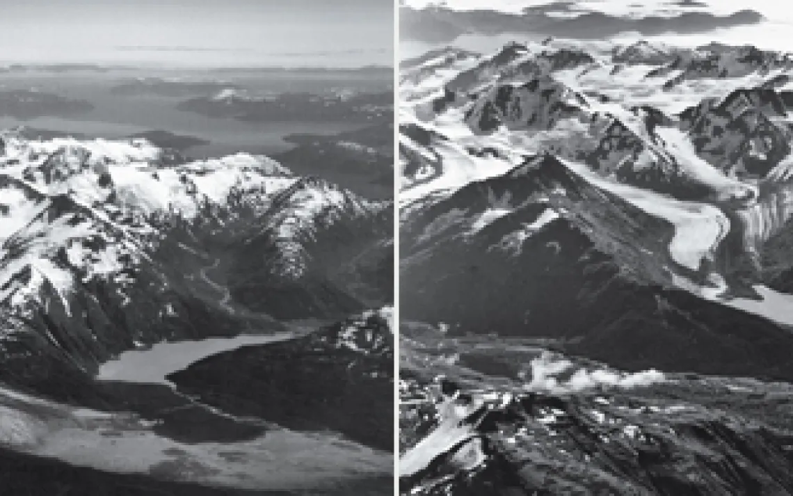 Alaska's 20-Mile Glacier in 1938, left, and in 2007, right.