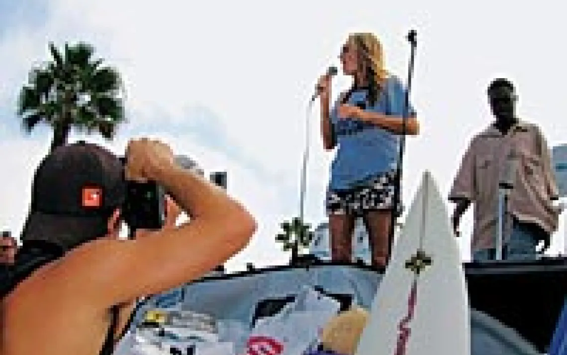 Donna Frye speaks at Surfrider Foundation's 2004 "Paddle for Clean Water." A California appeals court will consider this summer whether to count all of her votes from the last election.