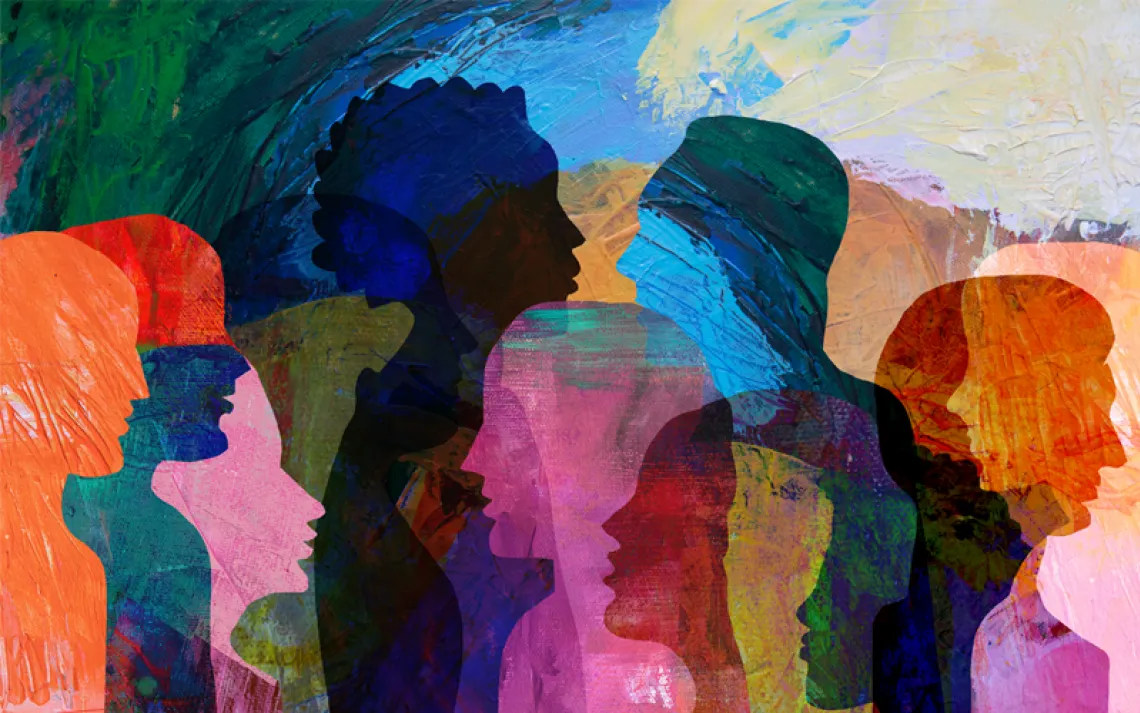 Colorful painting shows the shadows and silhouettes of people in profile, merging together.