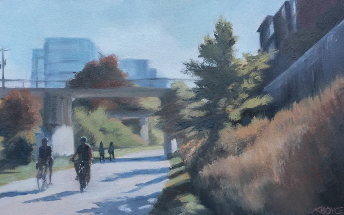 Illustration shows bikers and pedestrians on a tree-lined paved trail going through an underpass.