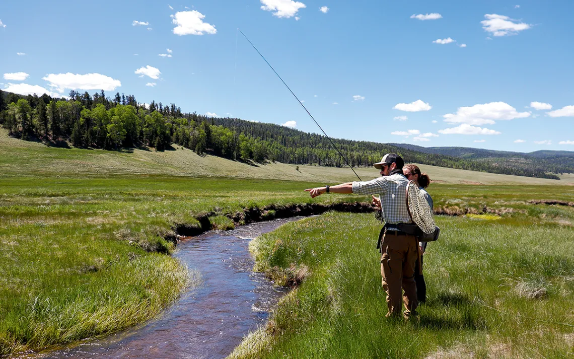 A man and woman fishing in a small stream through a grassy field