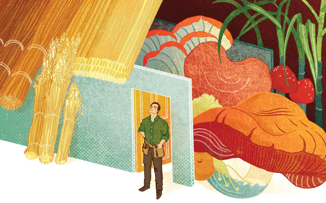Colorful illustration shows a man with a tool belt standing in the doorway of a building with natural materials like mushrooms, sugarcane, and husks looming large behind him.