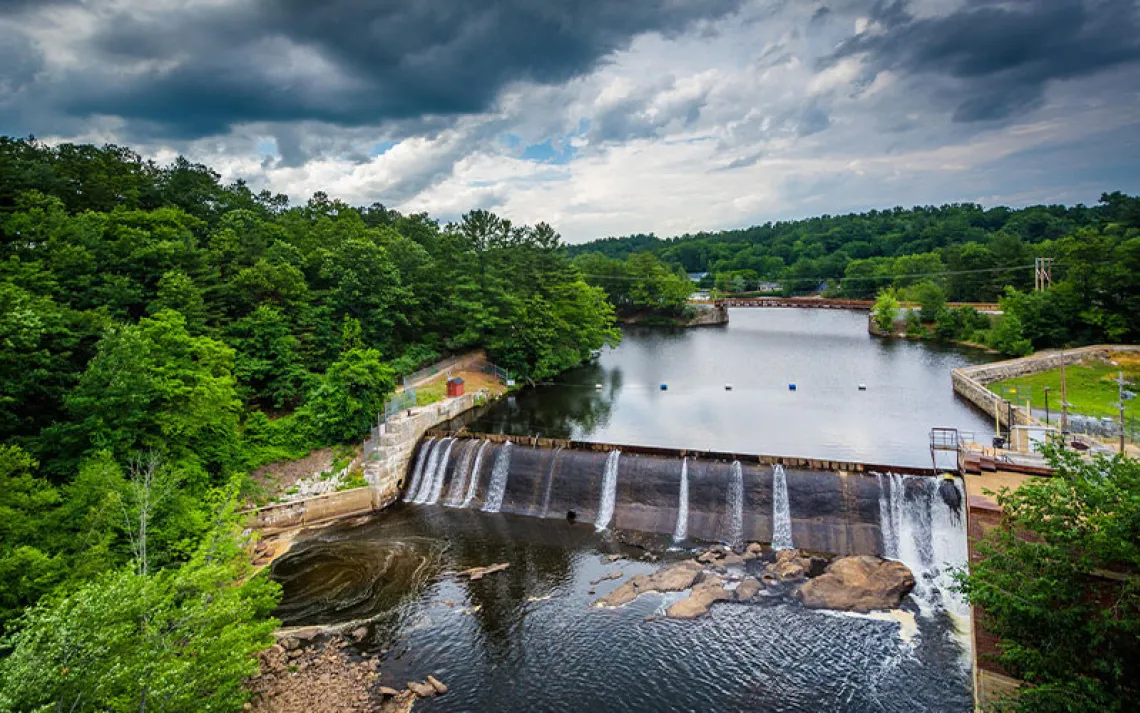 The Kelley's Falls Dam spanning the Piscataquog River in Manchester, New Hampshire