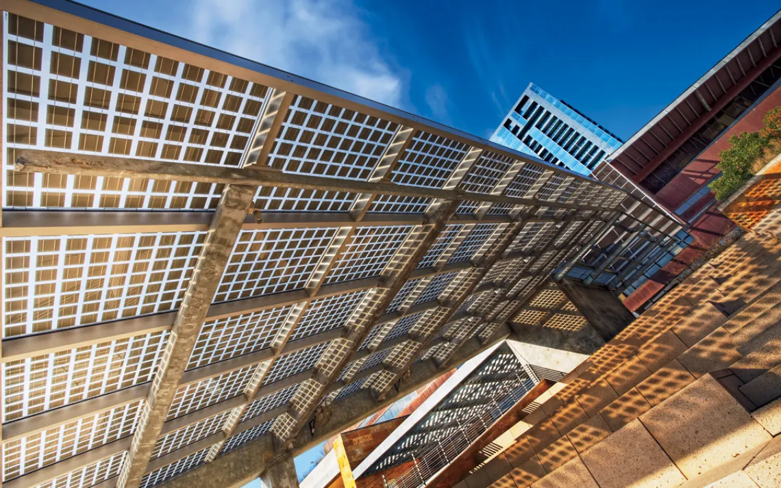 Solar panel canopy outside Austin City Hall