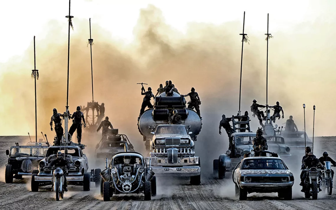 In the environmentally degraded future portrayed in the film Mad Max: Fury Road, oil is precious, cars are worshipped as religious artifacts, and "half-life war boys" drive around the desert in synchronized style.