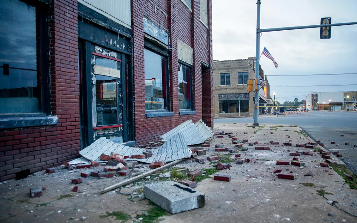 Earthquake damage in downtown Cushing, Oklahoma, in November 2016