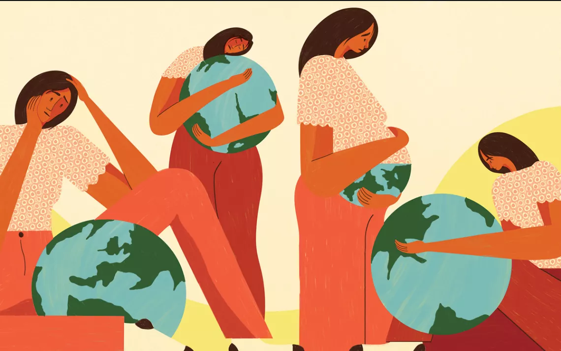Illustration shows a woman in five poses with a globe/Earth, holding it out and gazing at it, looking down at it concerned, hugging it, putting it under her shirt like a baby, and holding it on her lap.