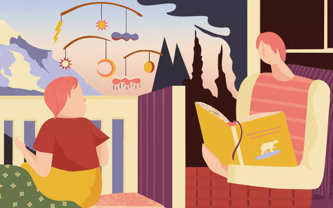 Illustration shows a toddler in a crib with a backdrop of a snowy forest while a parent reads a book nearby.