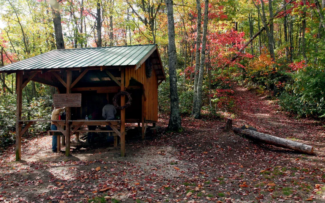 A wooden sleeping shelter on the Highland section of the Pine Mountain State Scenic Trail (on the Kentucky-Virginia border).