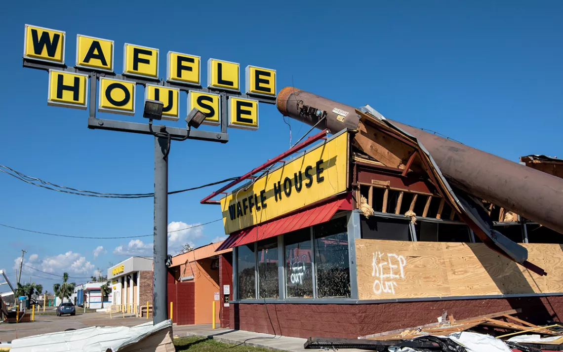  A Waffle House in Callaway, Florida, with a pole smashed through the roof after Hurricane Michael in 2018. 