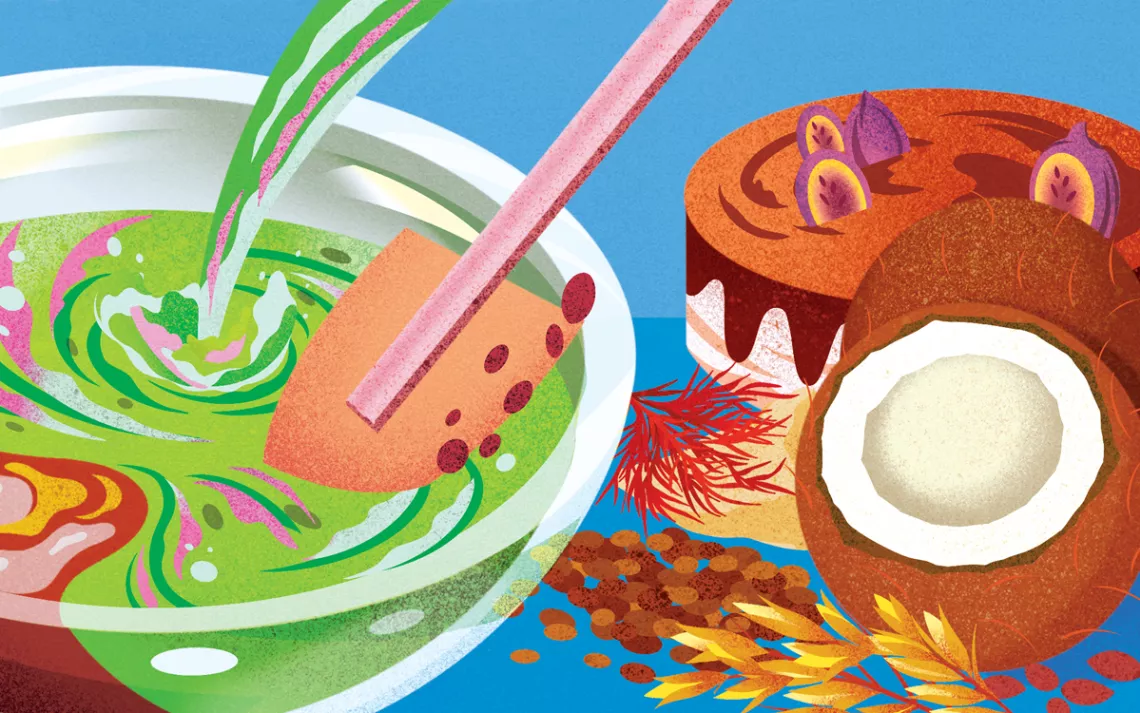 Colorful illustration shows ingredients being poured in a large bowl. To the left are dairy ingredients, but the bowl is mostly green.