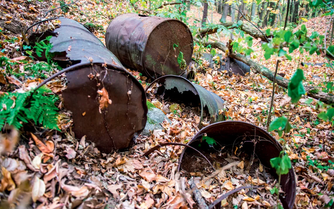 Several rusty remnants of metal barrels lie in a wooded area in Michigan.
