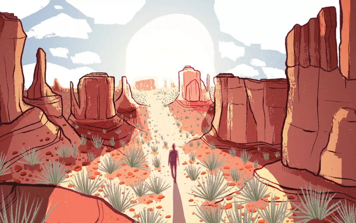 Illustration shows a person walking in Monument Valley. The center of the valley is overlaid by the torso of a person, with their head as part of the clouds.