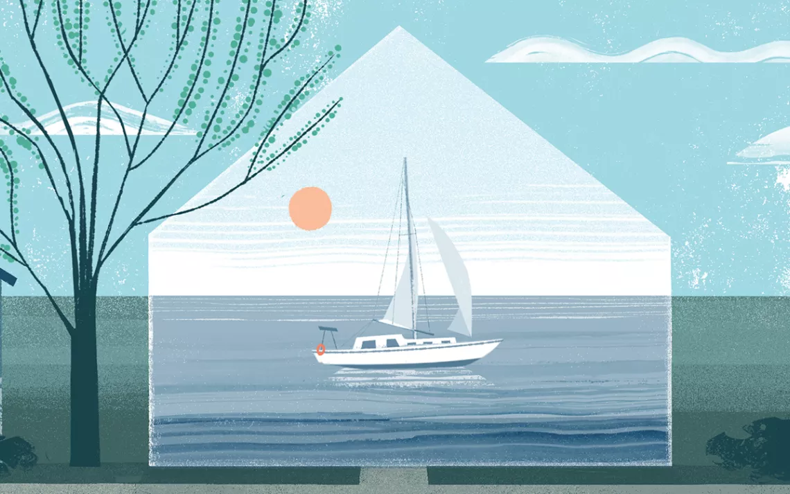 Illustration shows two houses. In between them is the outline of a house superimposed over a sailboat on the water.