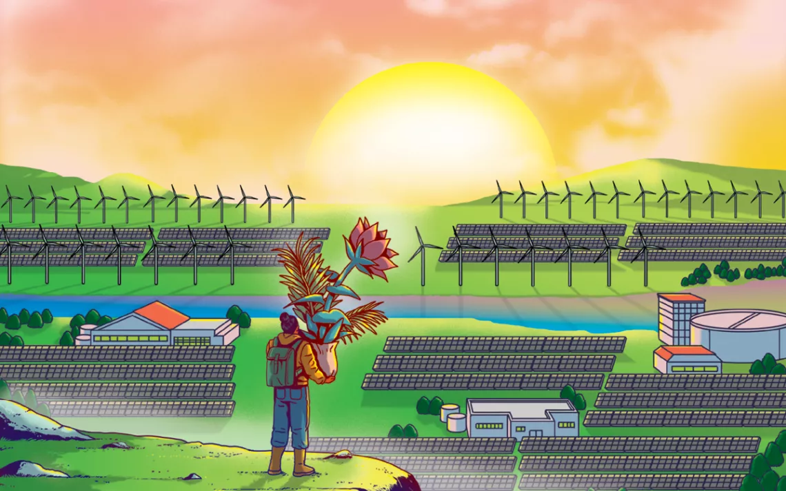 Illustration shows someone standing on a ledge, carrying a potted plant/vase of flowers and looking at a sunrise or sunset. Below are solar arrays and wind turbines.