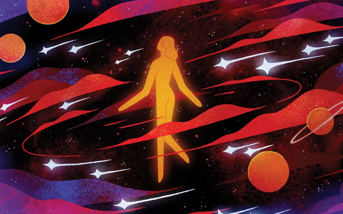 Illustration shows a woman from behind in bright light with stars and planets swirling around her.