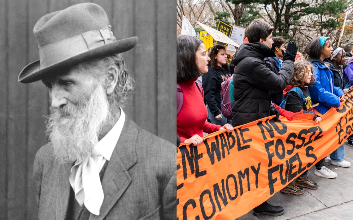 Close-up black-and-white photo of John Muir./Young people are lined up and holding a bright-orange banner.